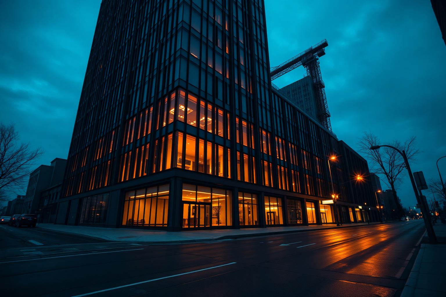 Meridian Exchange office tower at dawn with warm lobby light