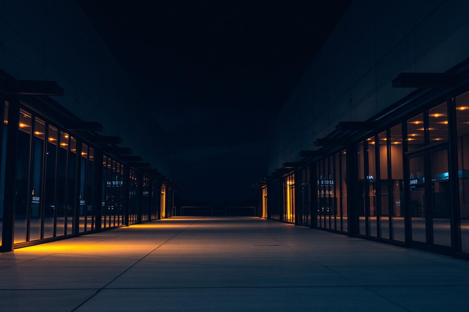 Foundry Row retail terrace at night with glowing storefronts