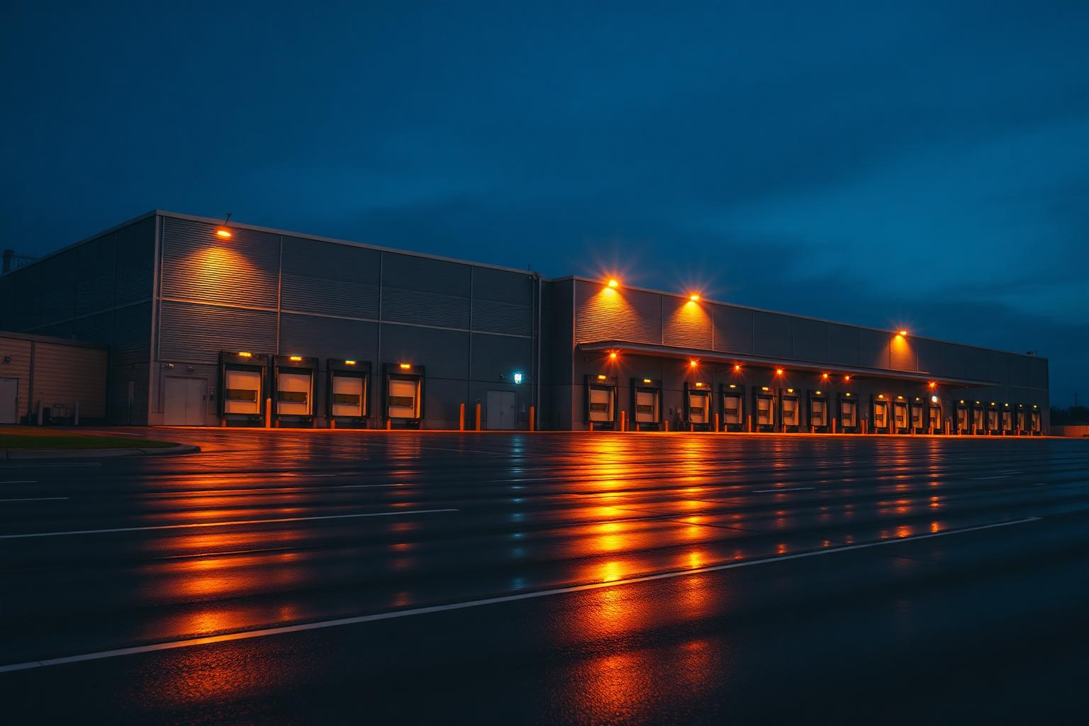 Northline Depot logistics warehouse at pre-dawn with amber dock lights
