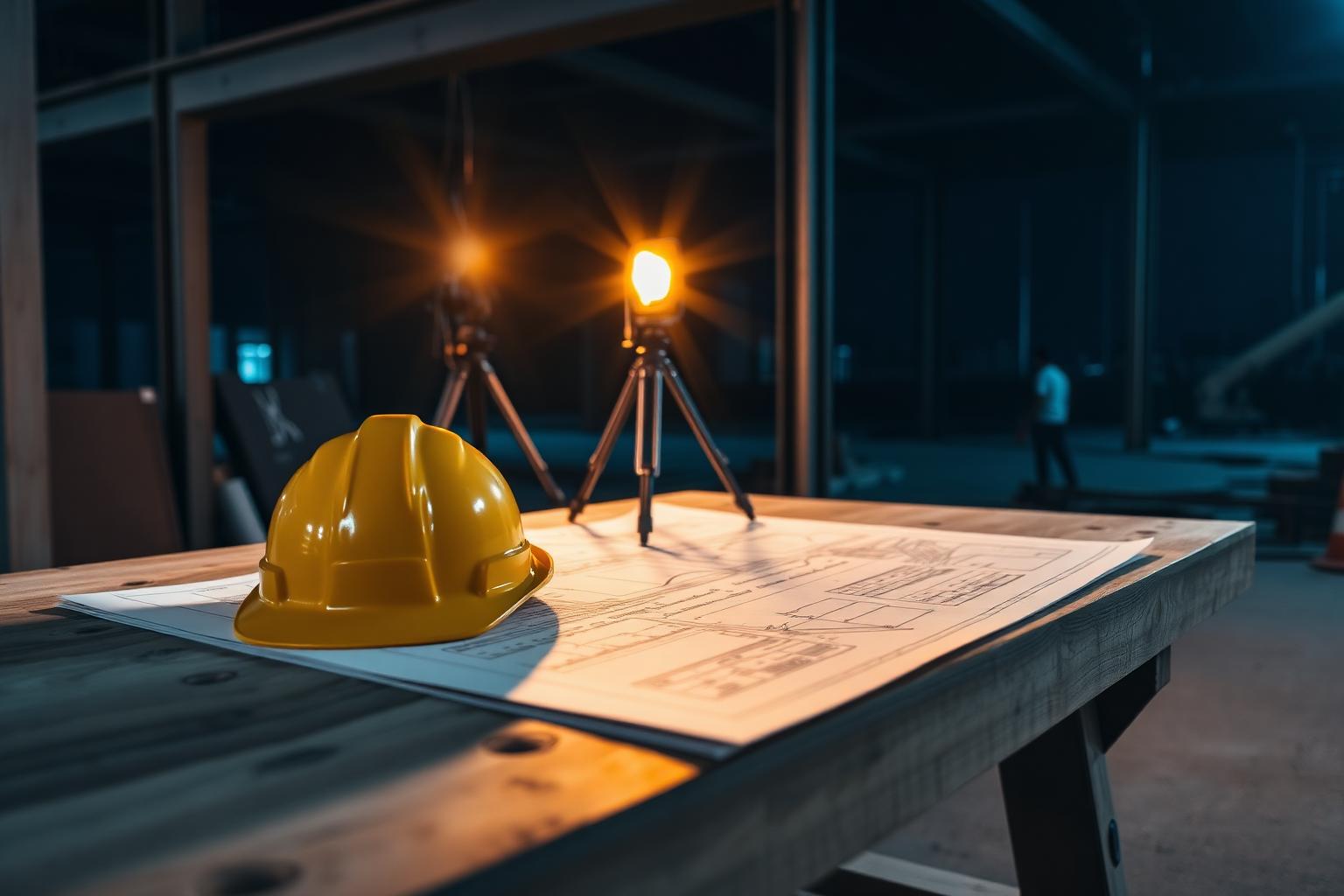 Drawings and a hard hat on a work table under site lights at night